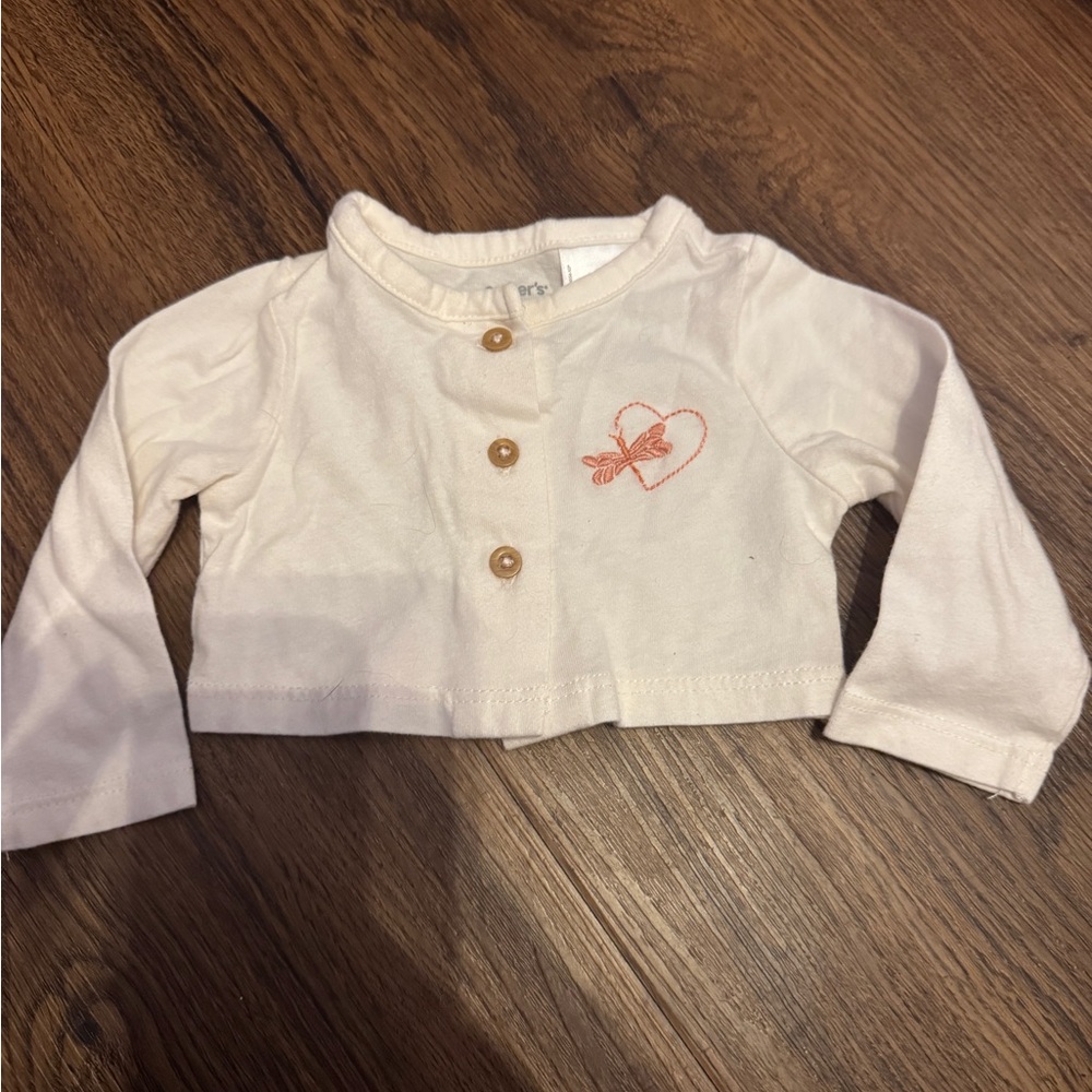 Carter's Cream Button Down Shirt with Heart Embroidery